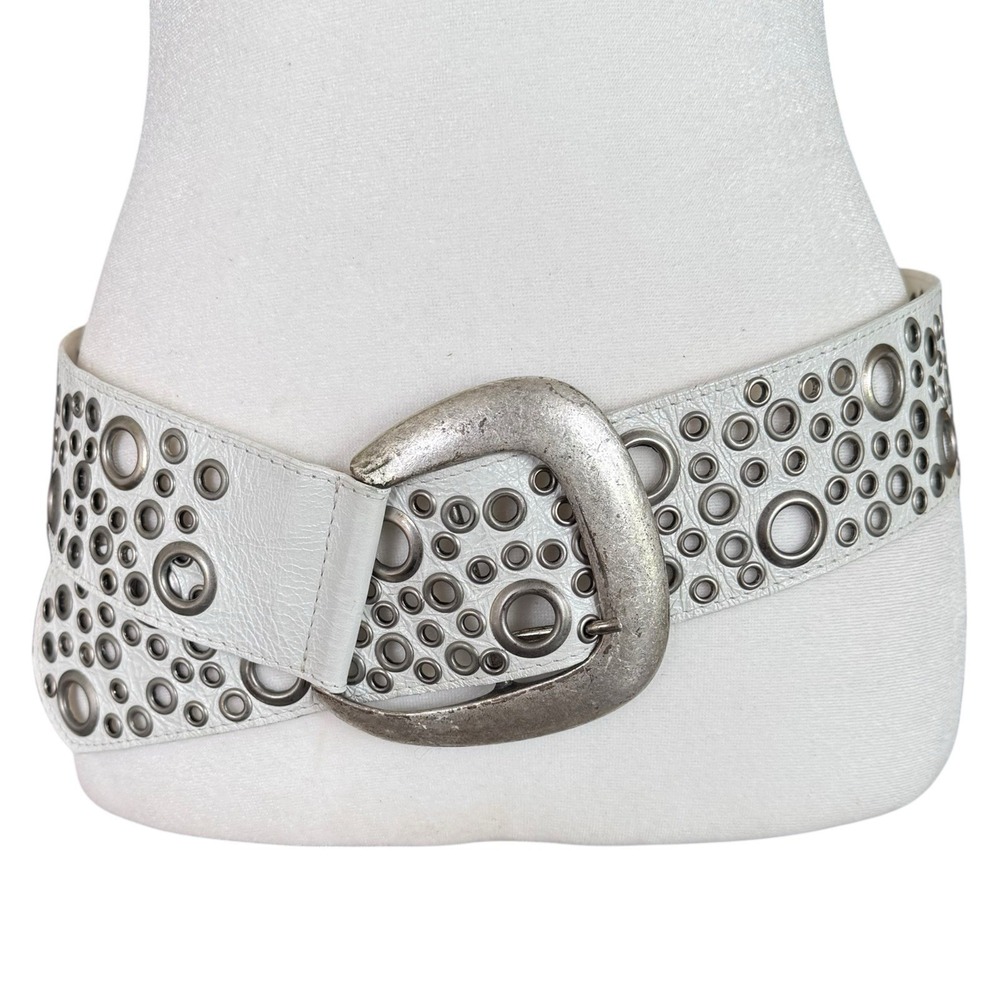 Y2K Streets Ahead Wide Grommet Belt Size Small Big Buckle White Punk Grunge Boho